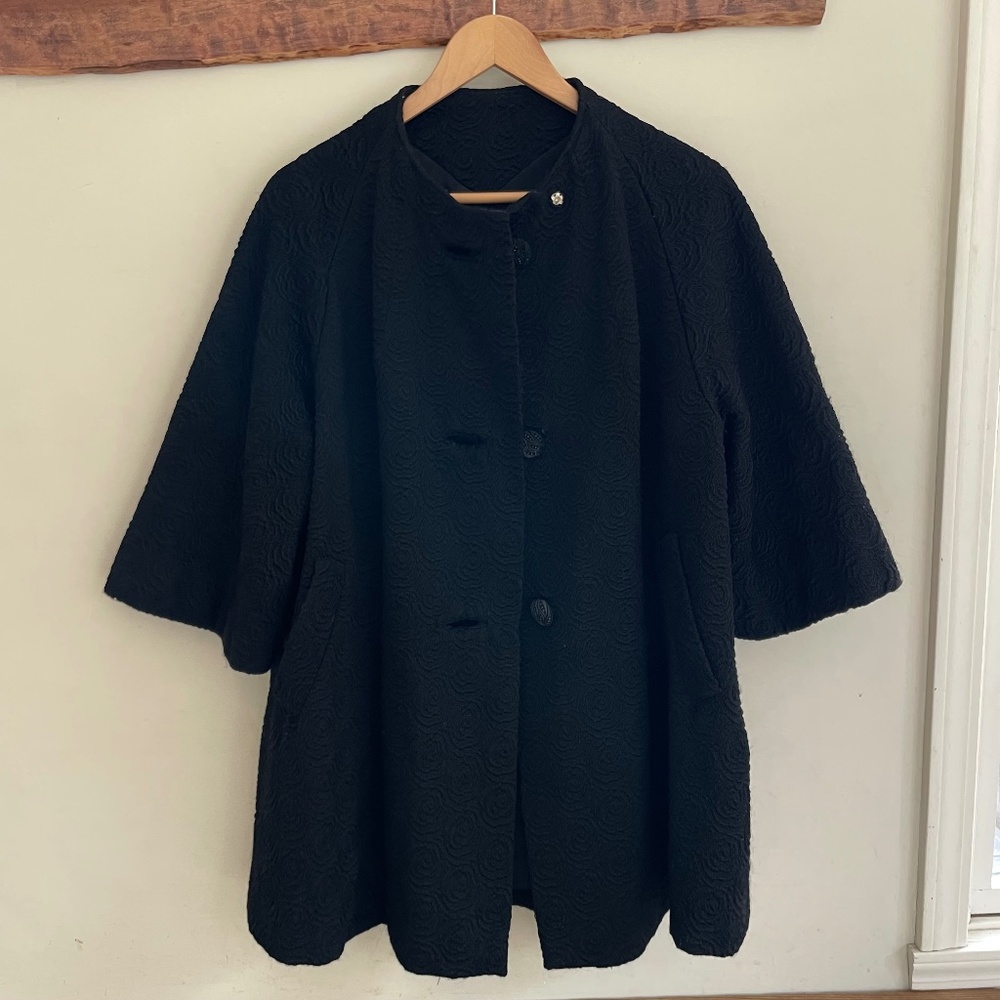 Vintage 1960s A-Line French Style Jacquard Winter Black Coat - ILGWU
